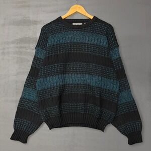 Vintage Retro Sweater 80s Black Striped Textured Knit Crewneck Large